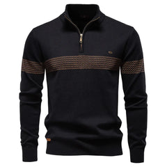 MannerCo black slim fit half-zip sweater with stripe detail and zip collar, product display