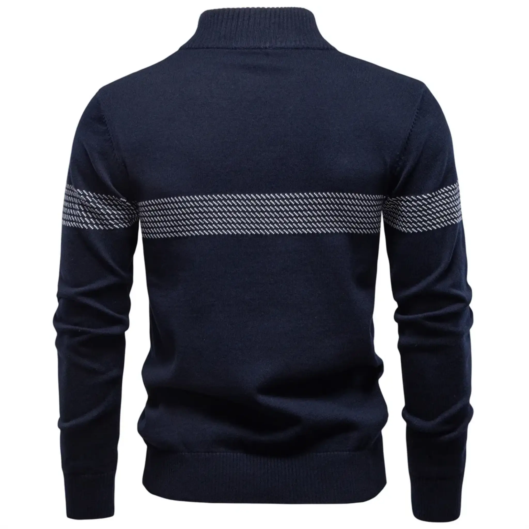 MannerCo navy slim fit half-zip sweater back view with stripe detail, product display