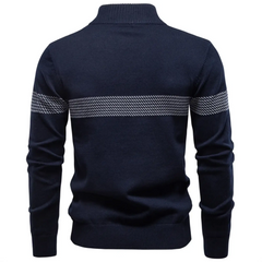 MannerCo navy slim fit half-zip sweater back view with stripe detail, product display