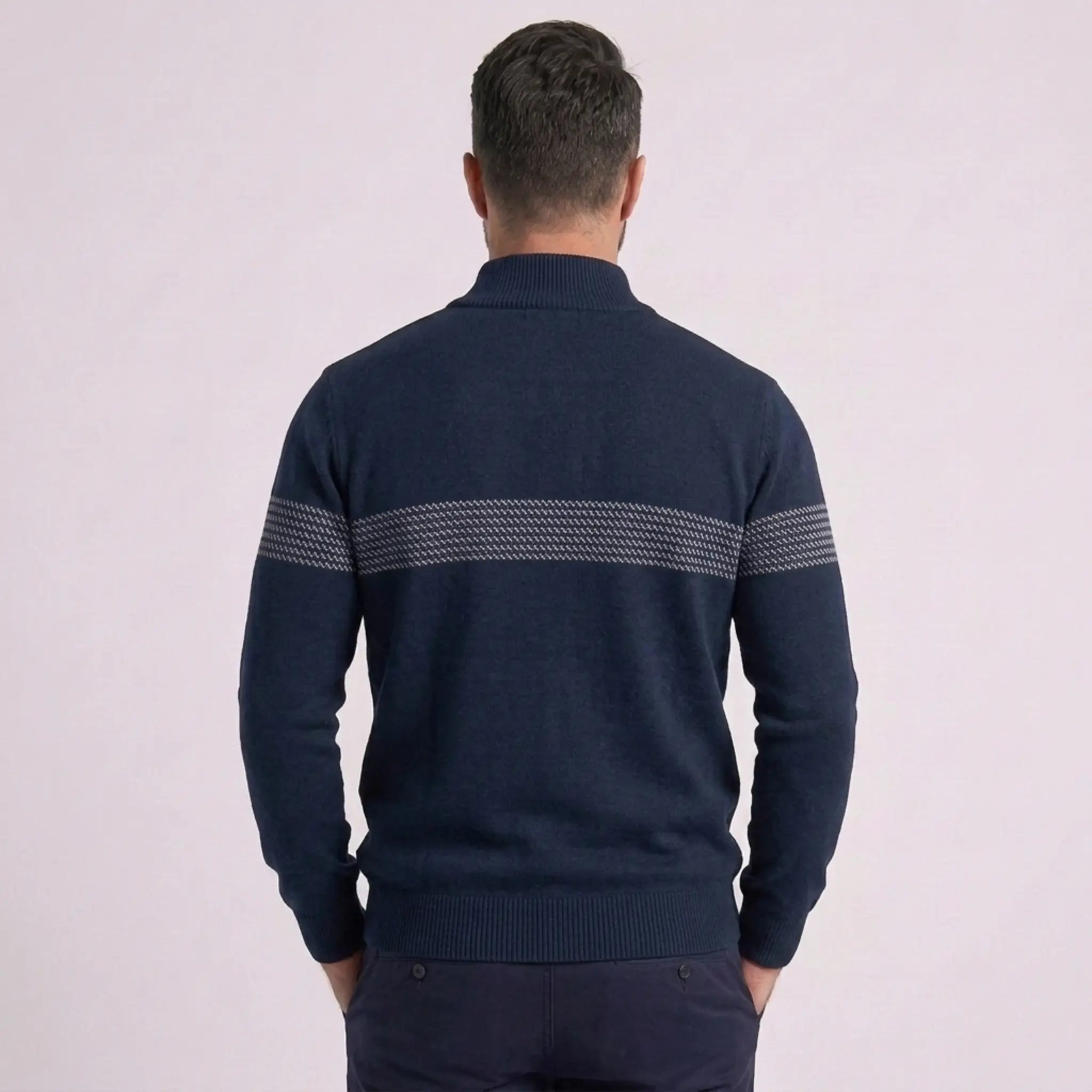 MannerCo navy slim fit half-zip cotton sweater back view with stripe detail and ribbed hem