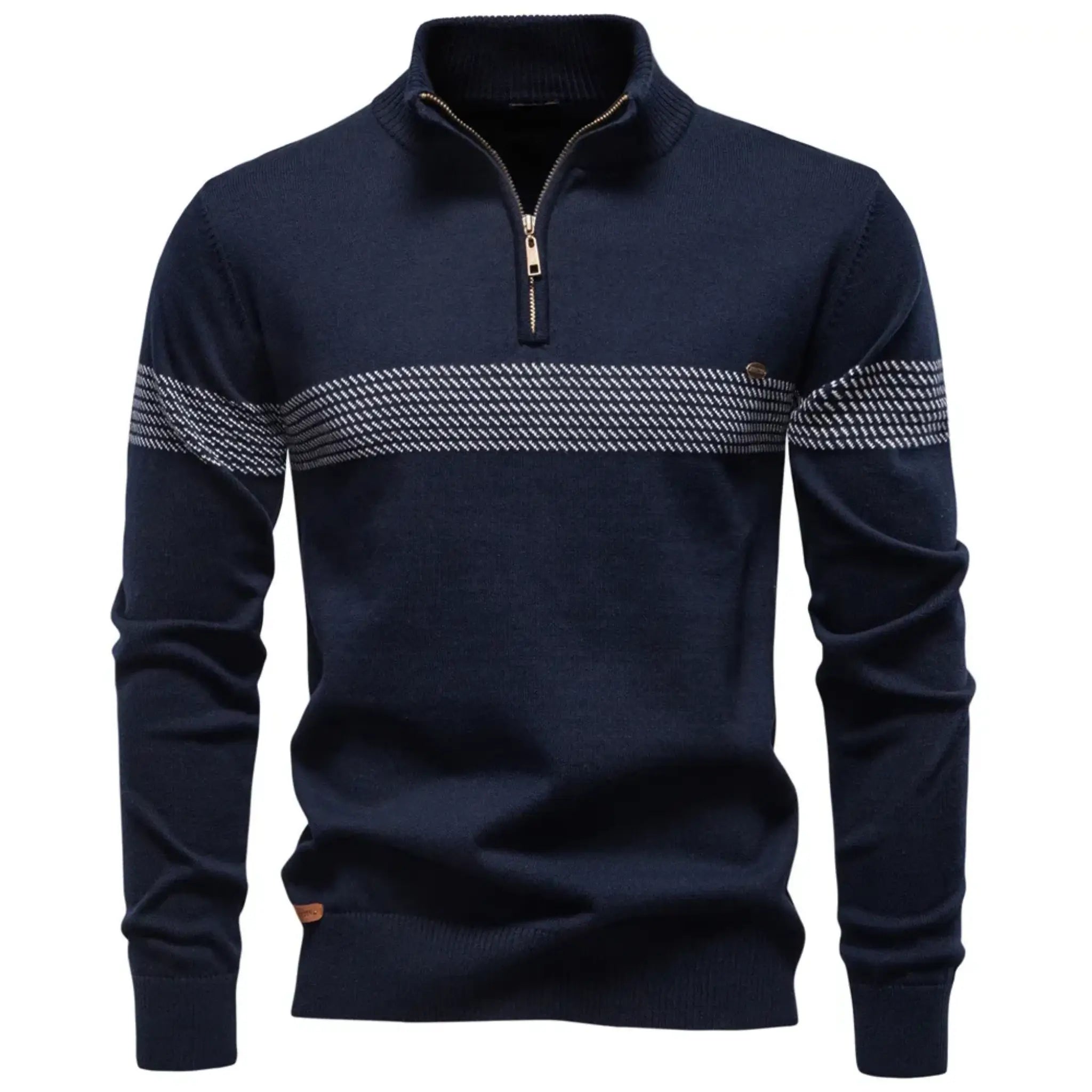 MannerCo navy slim fit half-zip sweater with chest stripe and gold zipper, product display