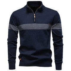 MannerCo navy slim fit half-zip sweater with chest stripe and gold zipper, product display