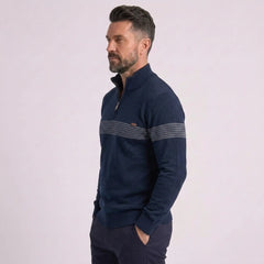 Man wearing MannerCo navy half-zip sweater slim fit, side view on plain background