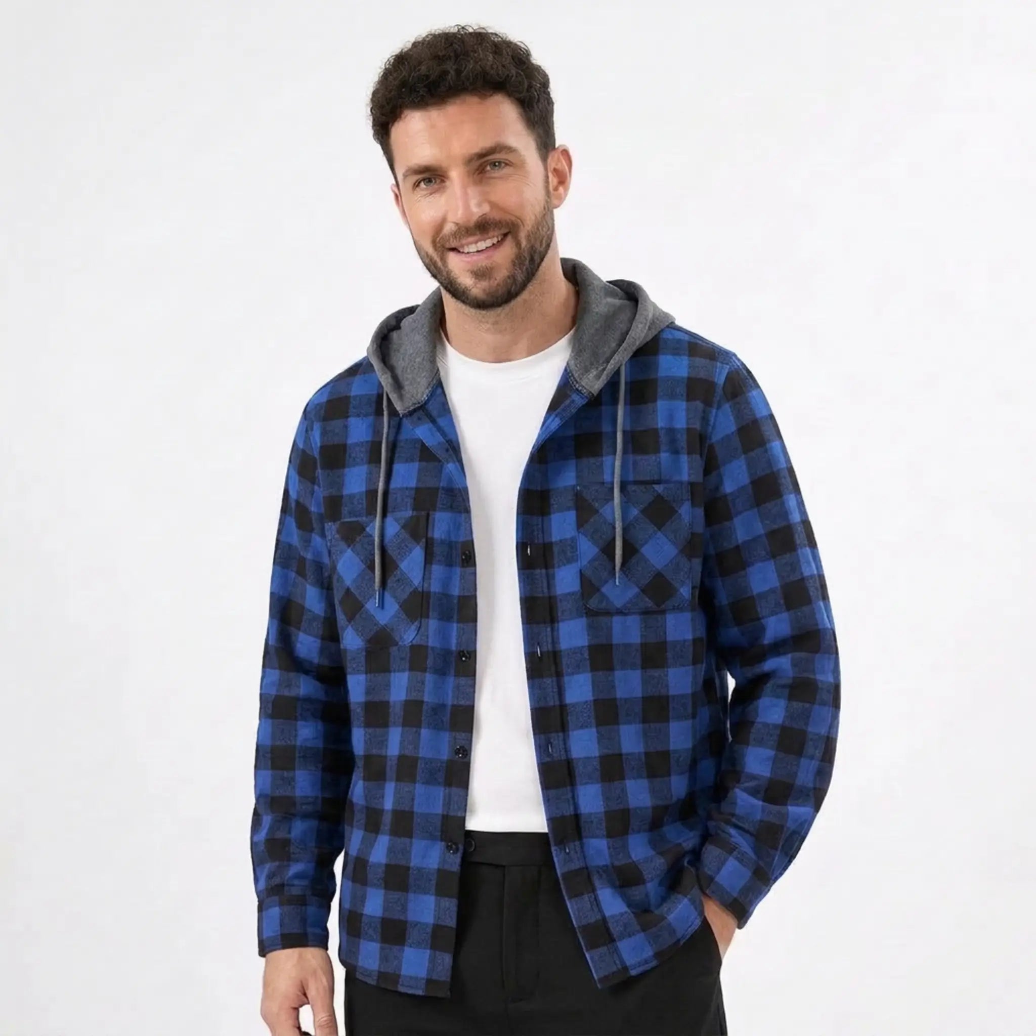 MannerCo blue plaid hooded flannel shirt jacket with gray hood and double chest pockets