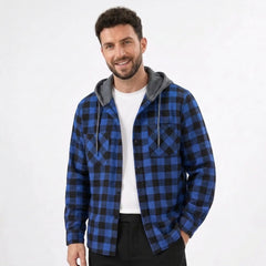 MannerCo blue plaid hooded flannel shirt jacket with gray hood and double chest pockets