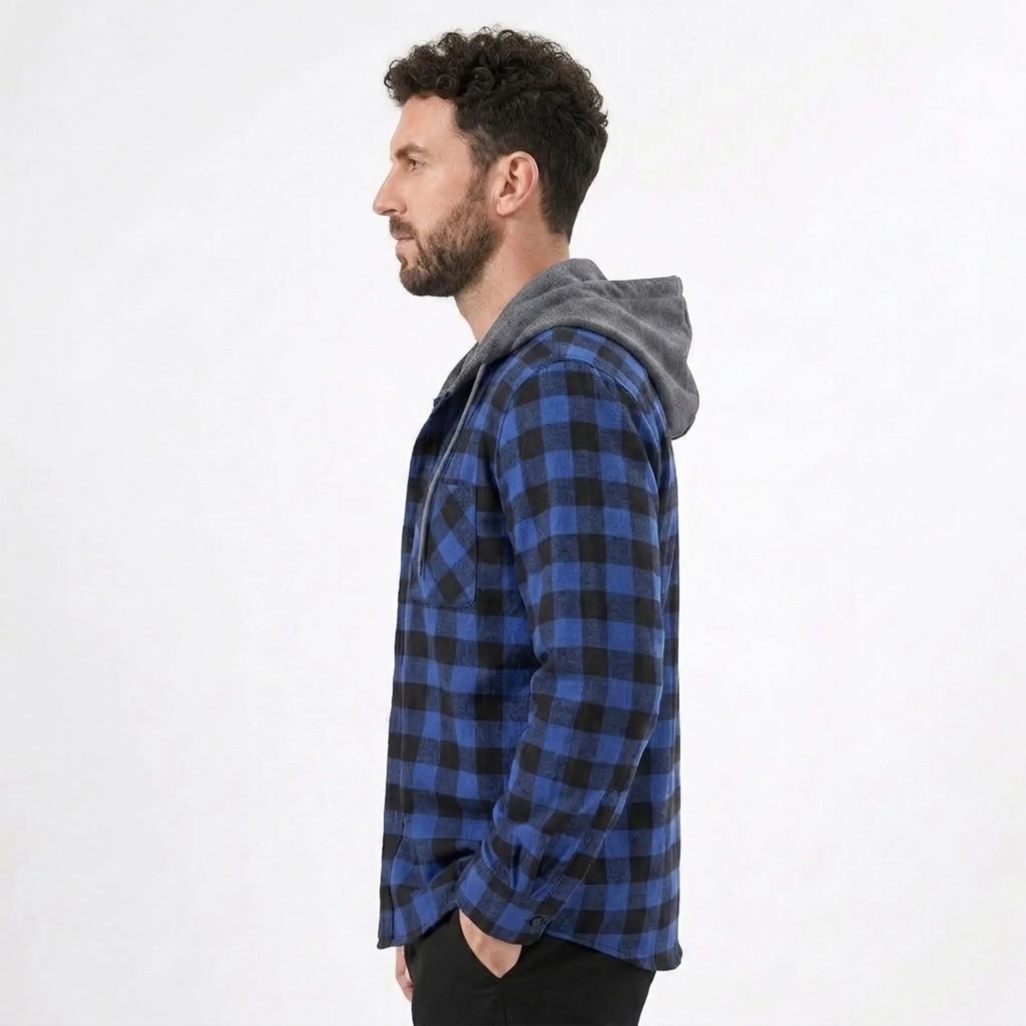 MannerCo blue plaid hooded flannel jacket side view with gray hood worn by male model
