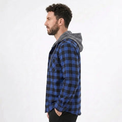 MannerCo blue plaid hooded flannel jacket side view with gray hood worn by male model