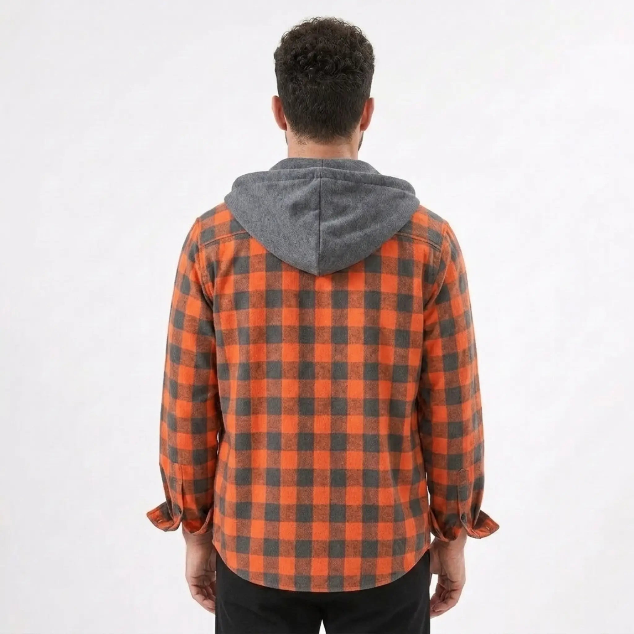 MannerCo orange plaid hooded flannel jacket back view with gray hood