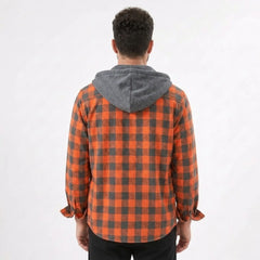 MannerCo orange plaid hooded flannel jacket back view with gray hood