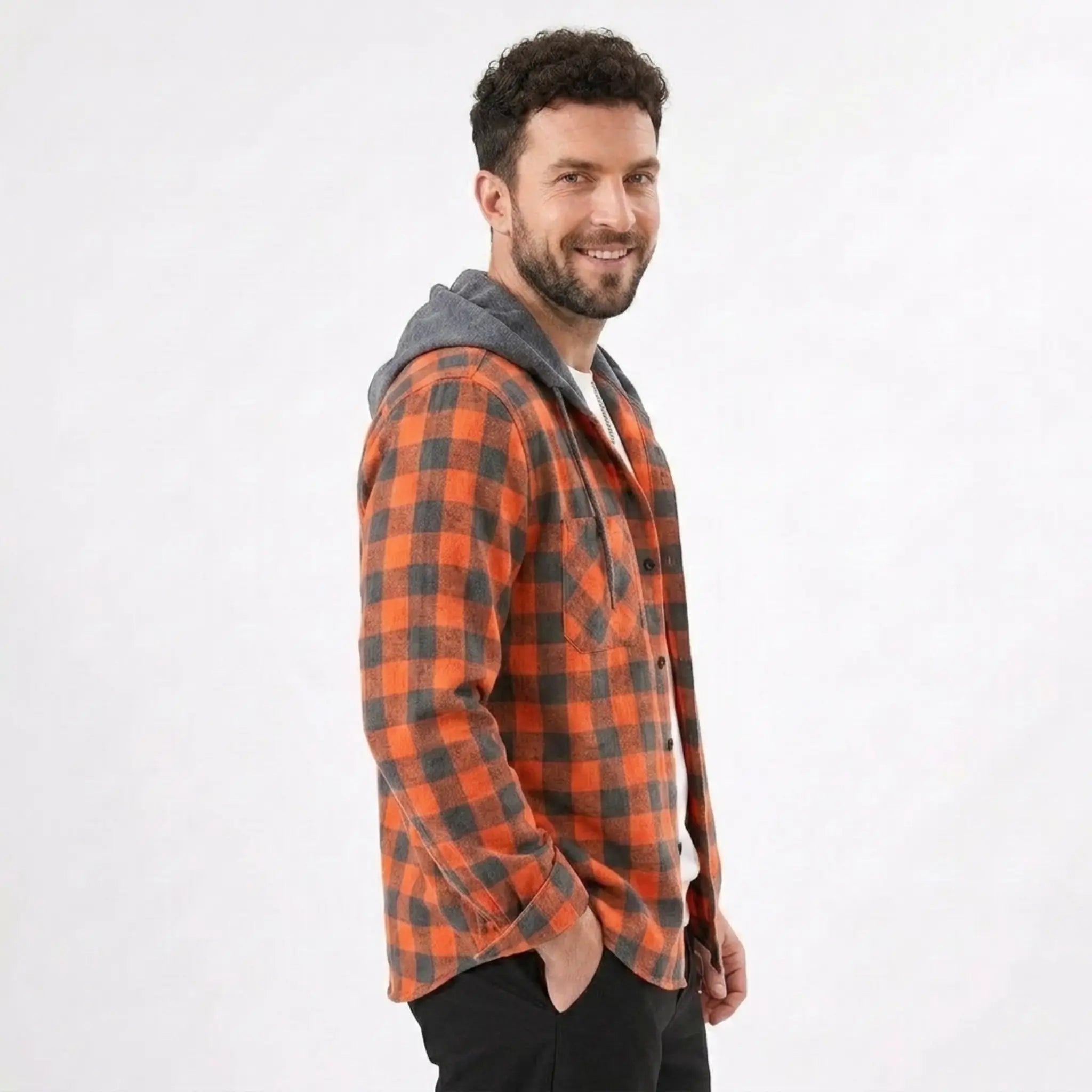 MannerCo orange plaid hooded flannel jacket side view on male model with gray hood detail