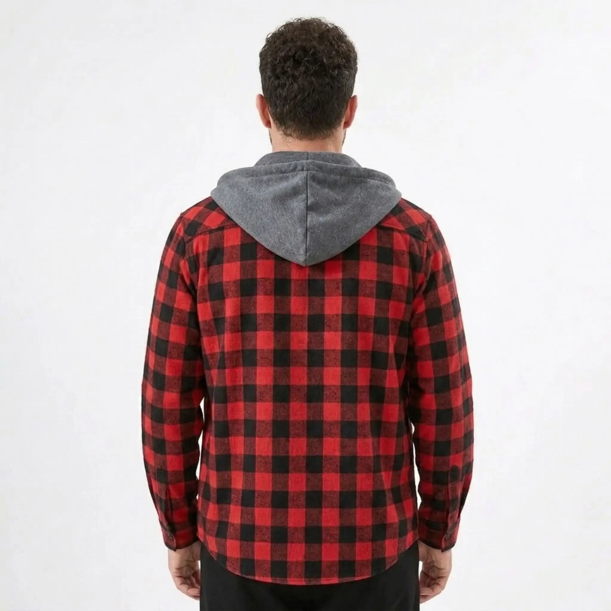 MannerCo red buffalo plaid hooded flannel jacket back view with gray hood