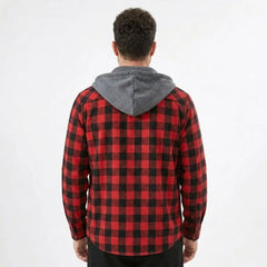 MannerCo red buffalo plaid hooded flannel jacket back view with gray hood