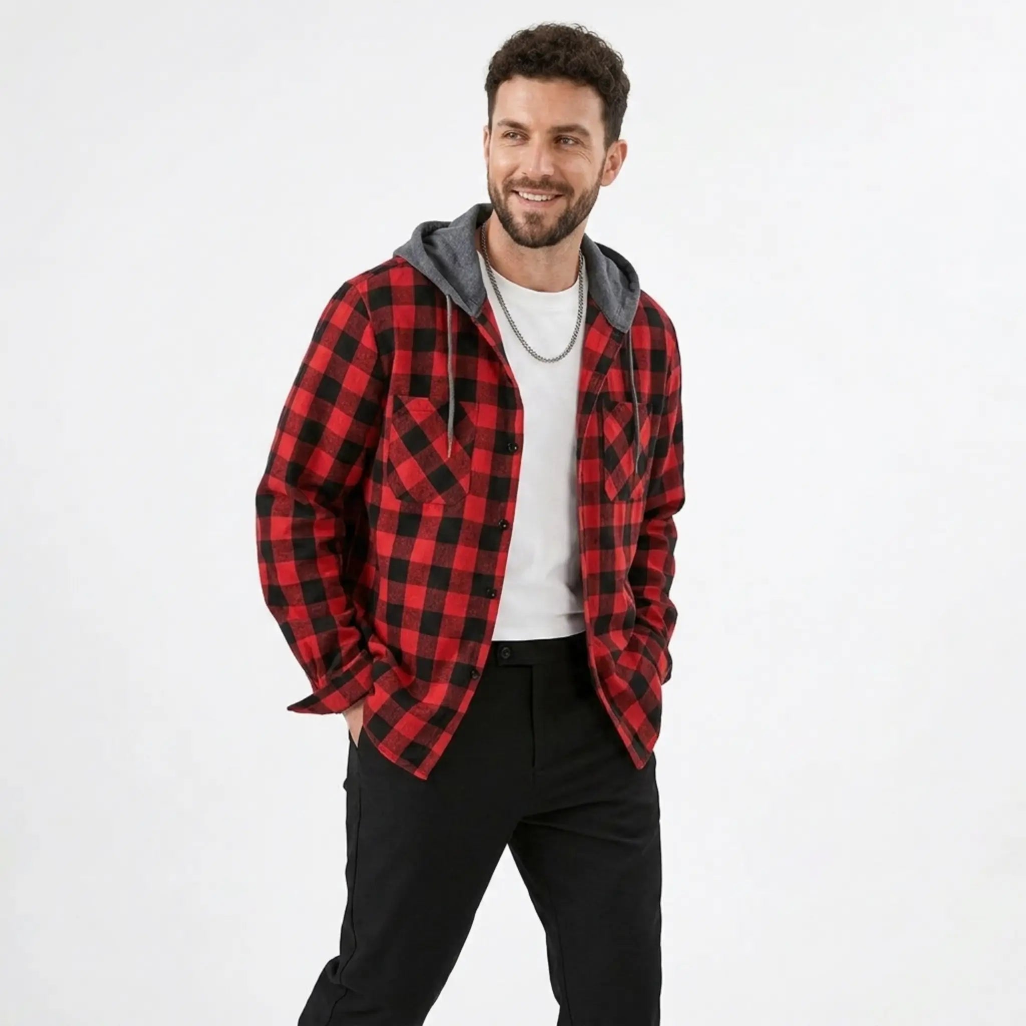 MannerCo red plaid hooded flannel jacket worn open over white tee with black pants, front view