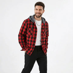 MannerCo red plaid hooded flannel jacket worn open over white tee with black pants, front view