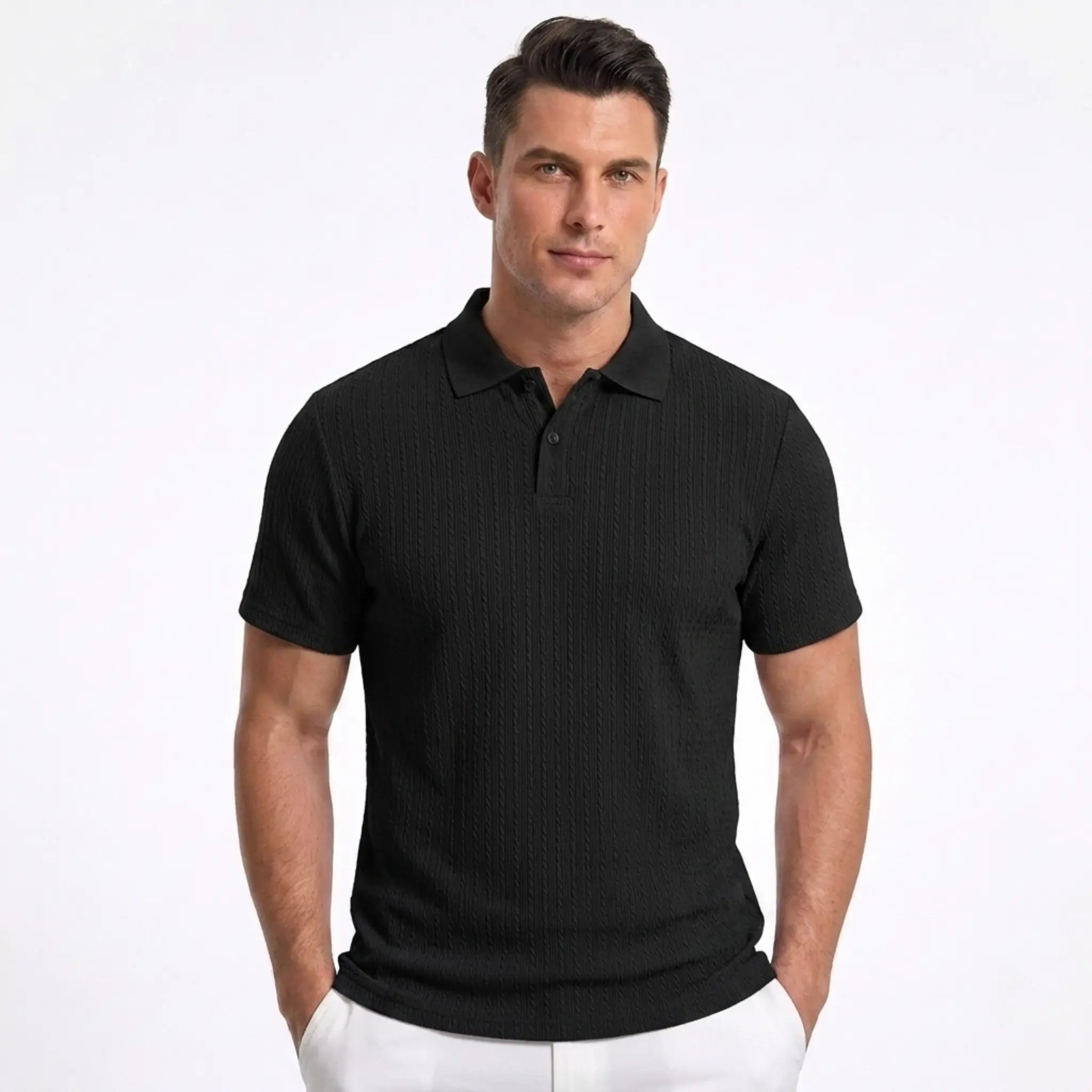 Man wearing MannerCo black jacquard knit polo shirt with button placket and classic collar, front view