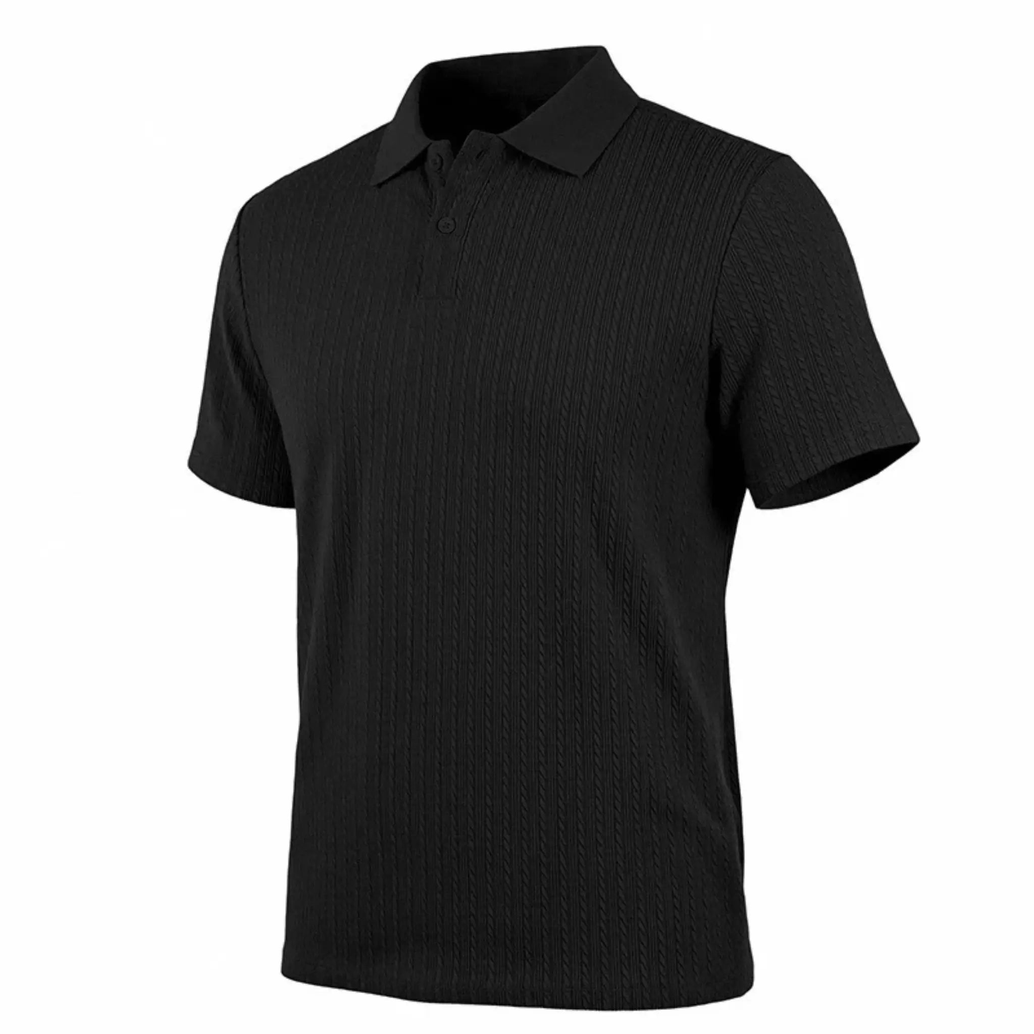 Man wearing MannerCo black jacquard knit polo shirt in outdoor lifestyle setting