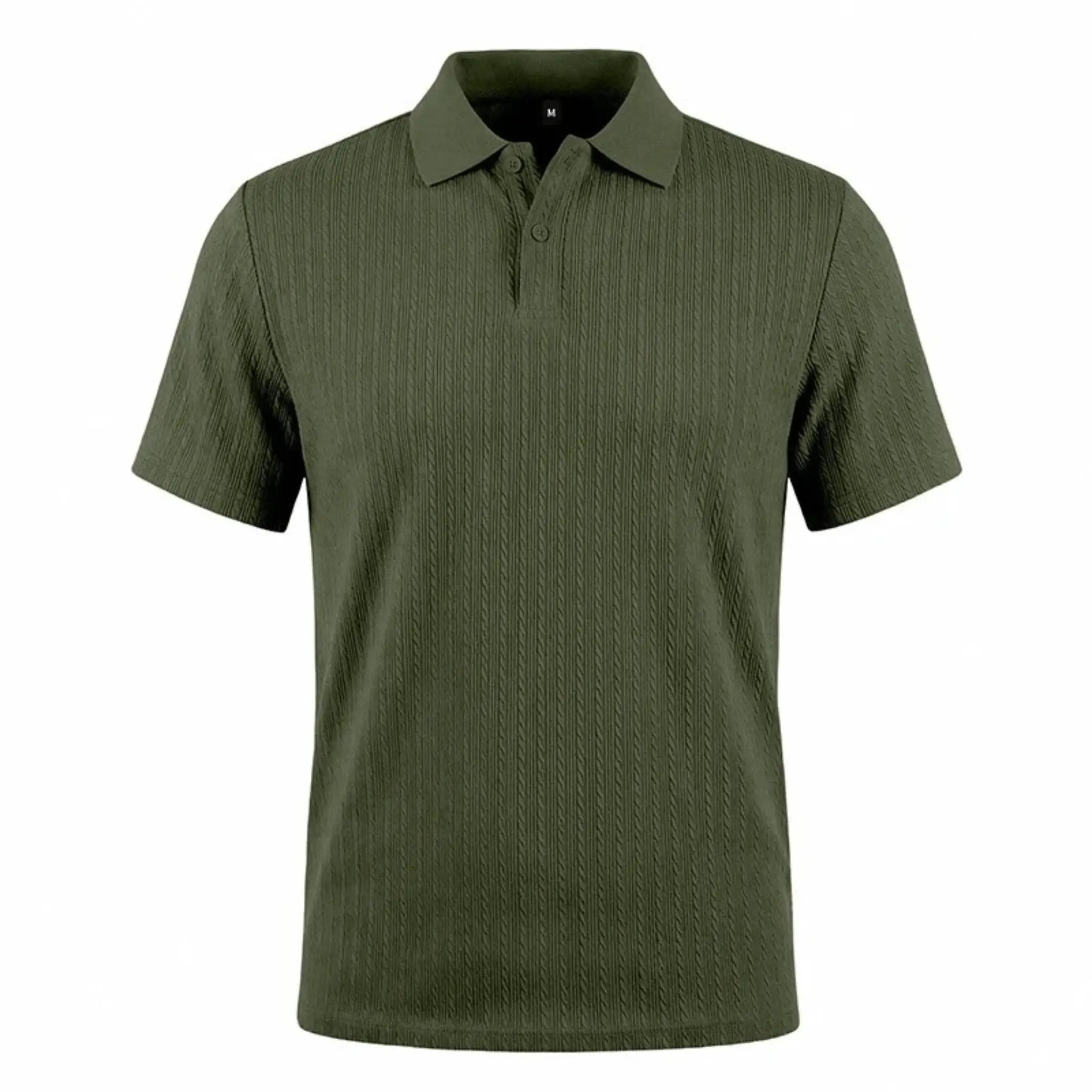 MannerCo khaki jacquard knit polo shirt back view with classic collar and button placket display