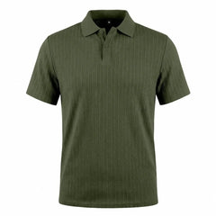 MannerCo khaki jacquard knit polo shirt back view with classic collar and button placket display