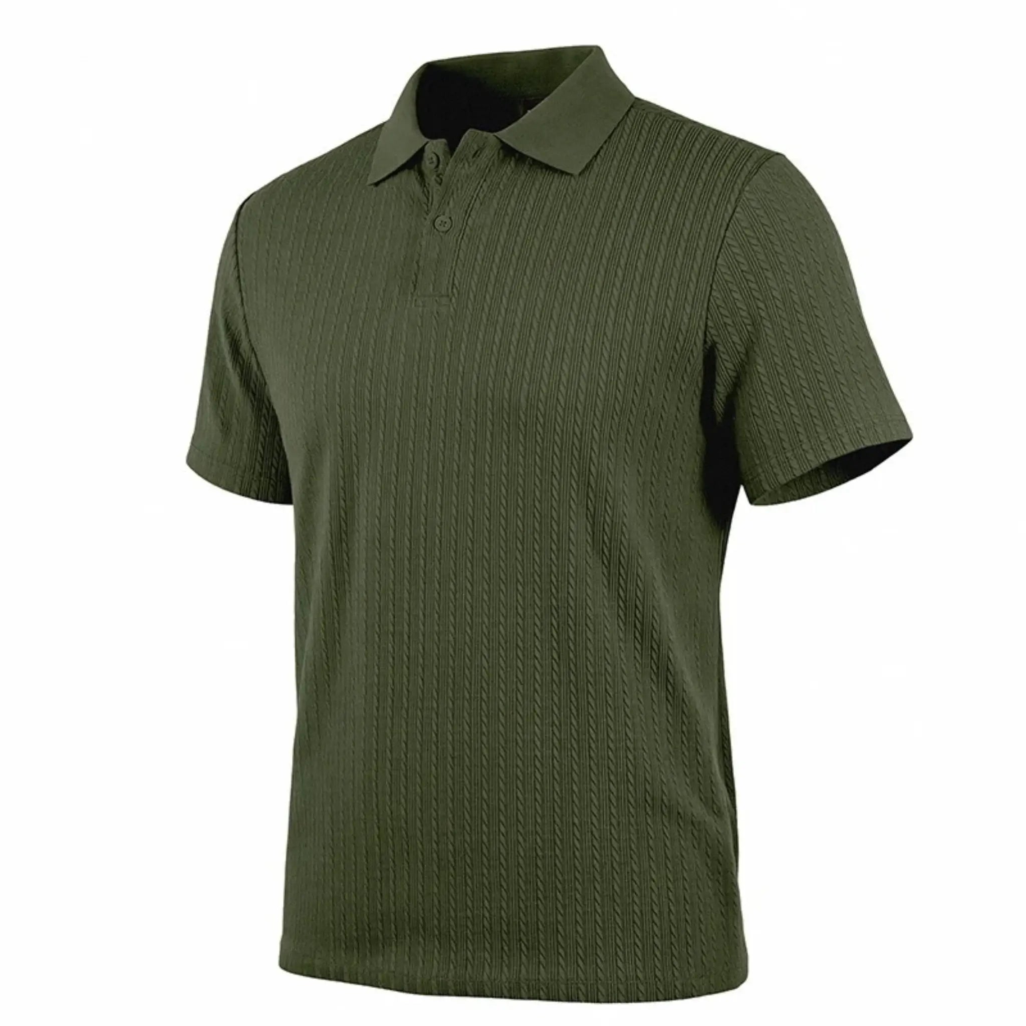 MannerCo khaki jacquard knit polo shirt with classic collar and button placket, back view