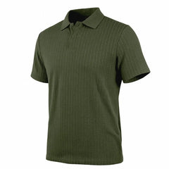 MannerCo khaki jacquard knit polo shirt with classic collar and button placket, back view