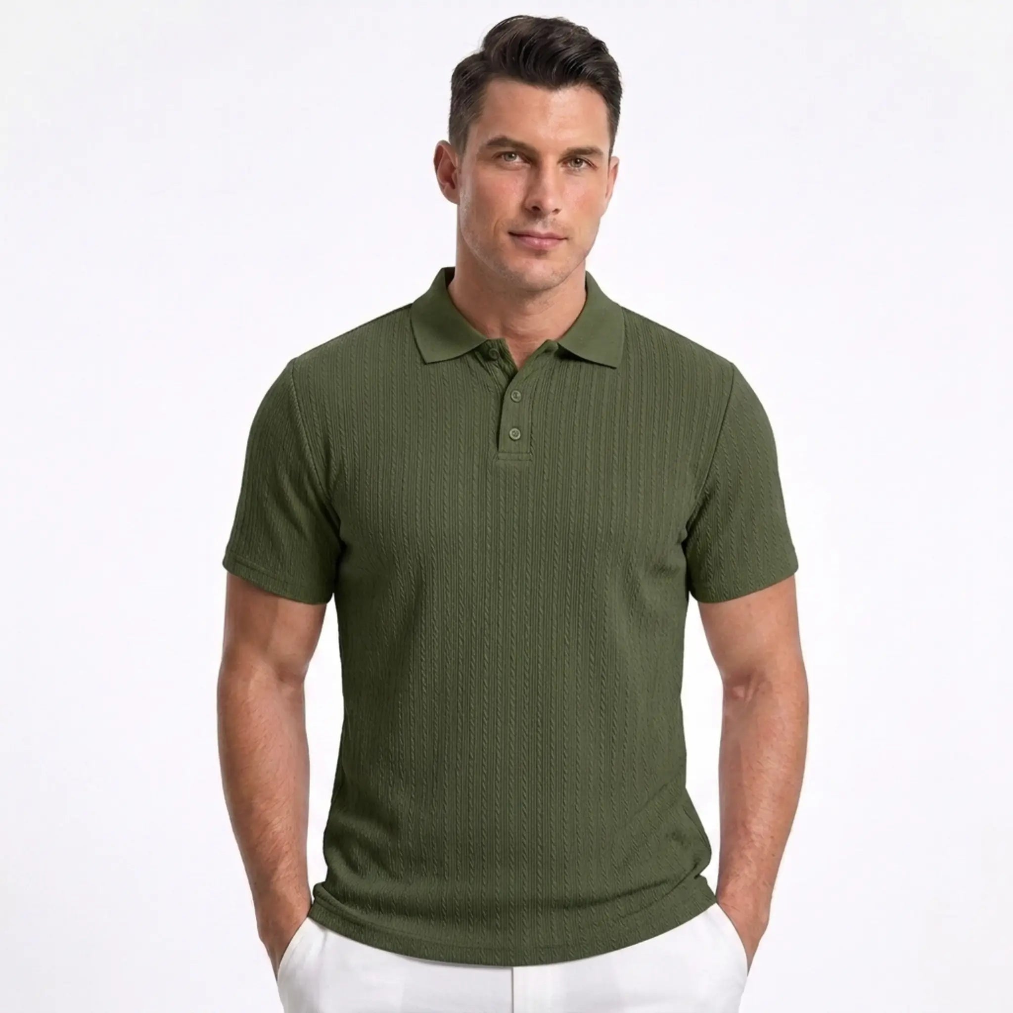 Man wearing MannerCo khaki jacquard knit polo shirt with button placket and classic collar, front view