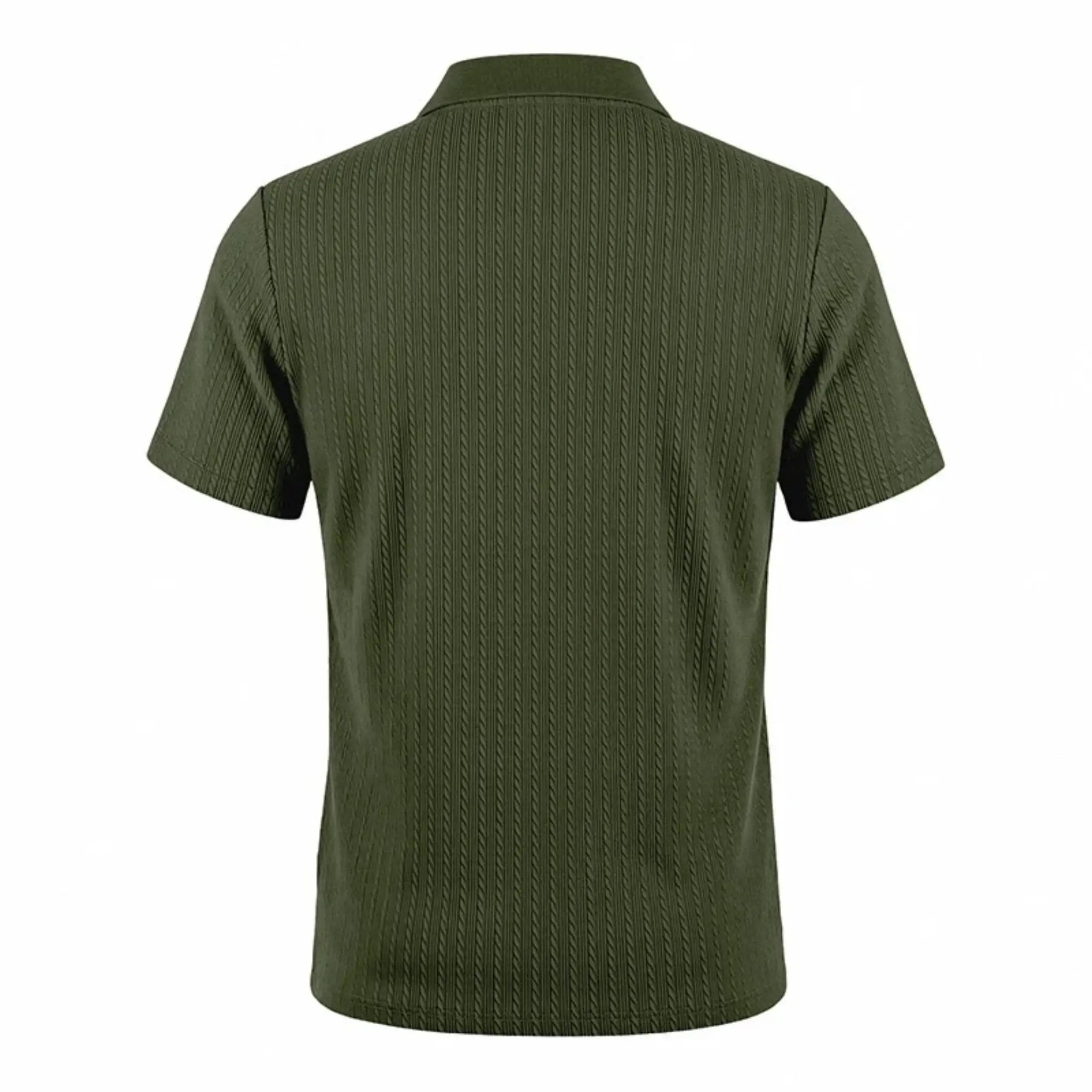 Man wearing MannerCo khaki jacquard knit polo shirt in outdoor lifestyle setting
