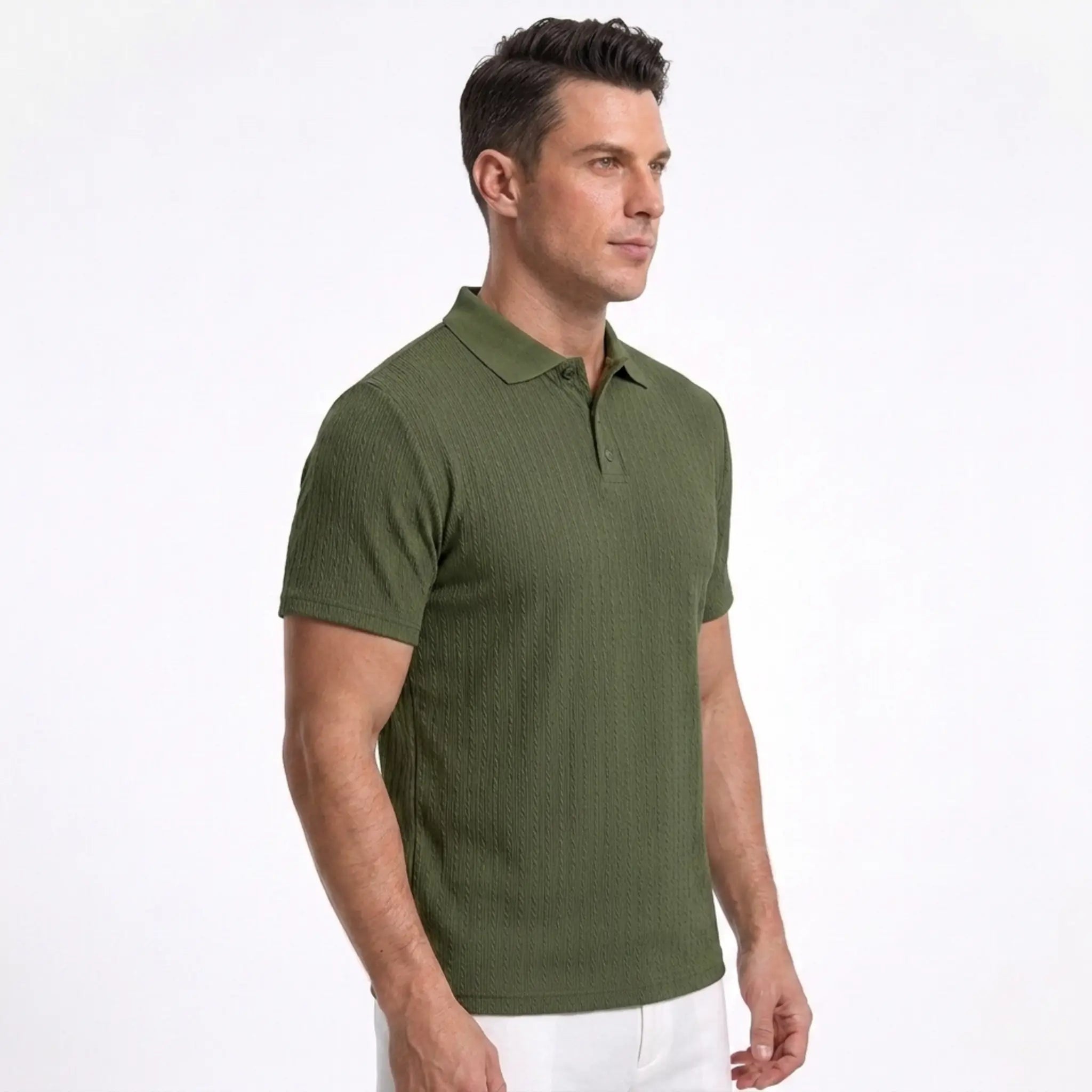 Man wearing MannerCo khaki jacquard knit polo shirt in outdoor lifestyle setting