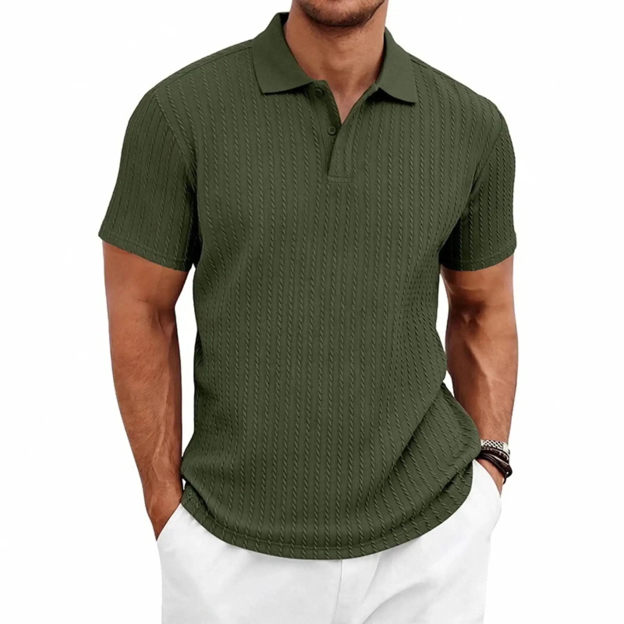 MannerCo khaki jacquard knit polo shirt with subtle woven texture and classic collar, front view display