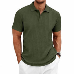 MannerCo khaki jacquard knit polo shirt with subtle woven texture and classic collar, front view display