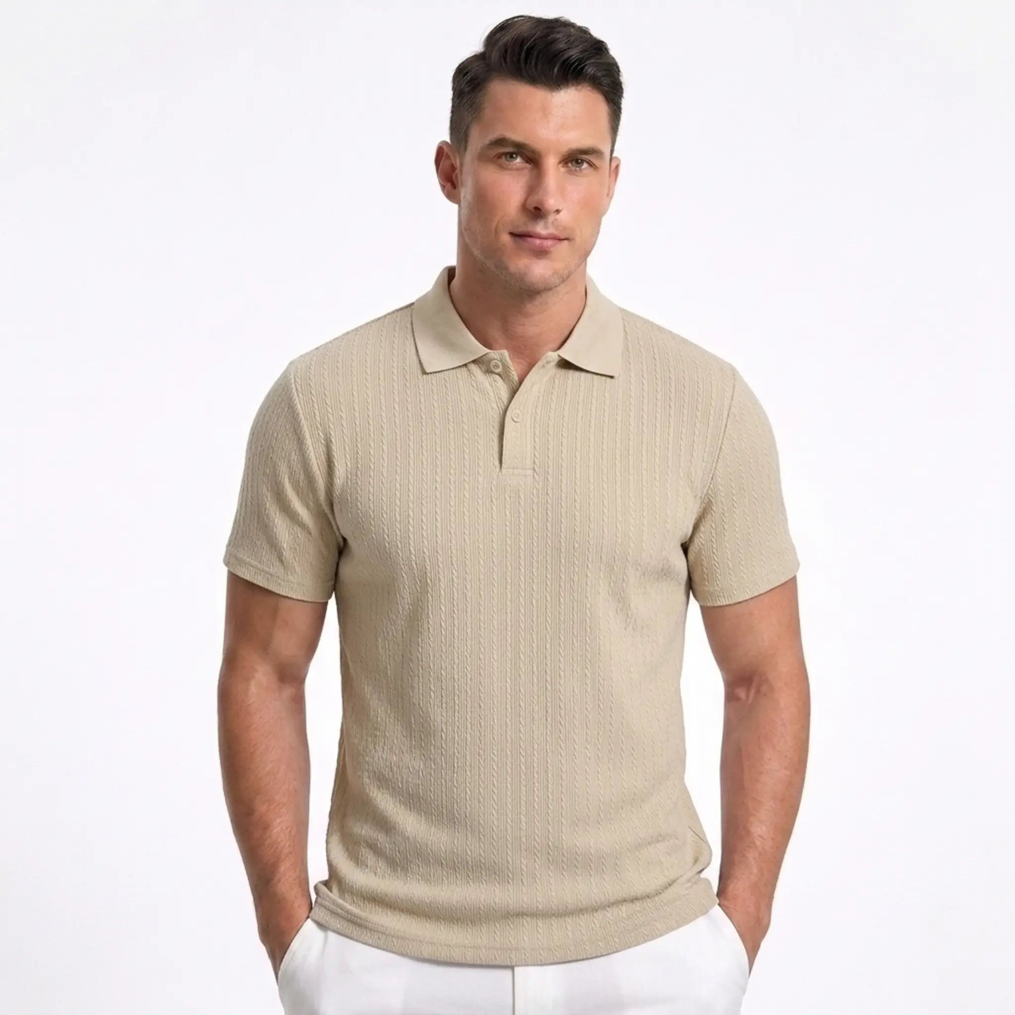 Man wearing MannerCo light gray jacquard knit polo shirt with button placket and classic collar, front view