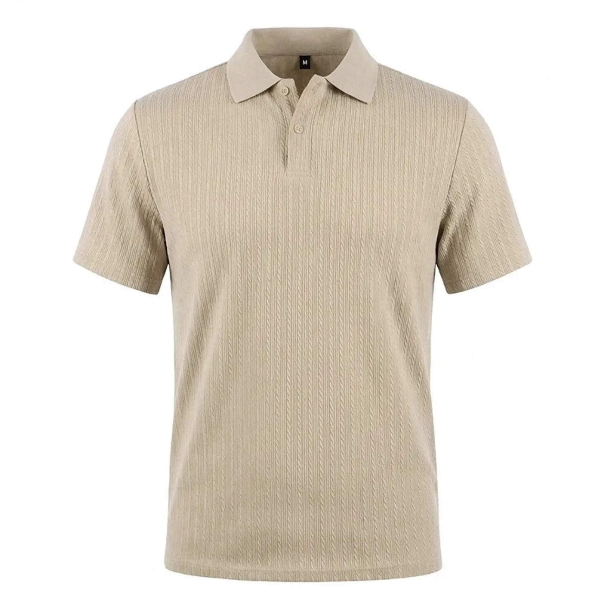 MannerCo light gray jacquard knit polo shirt with classic collar and button placket, product display