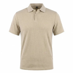 MannerCo light gray jacquard knit polo shirt with classic collar and button placket, product display