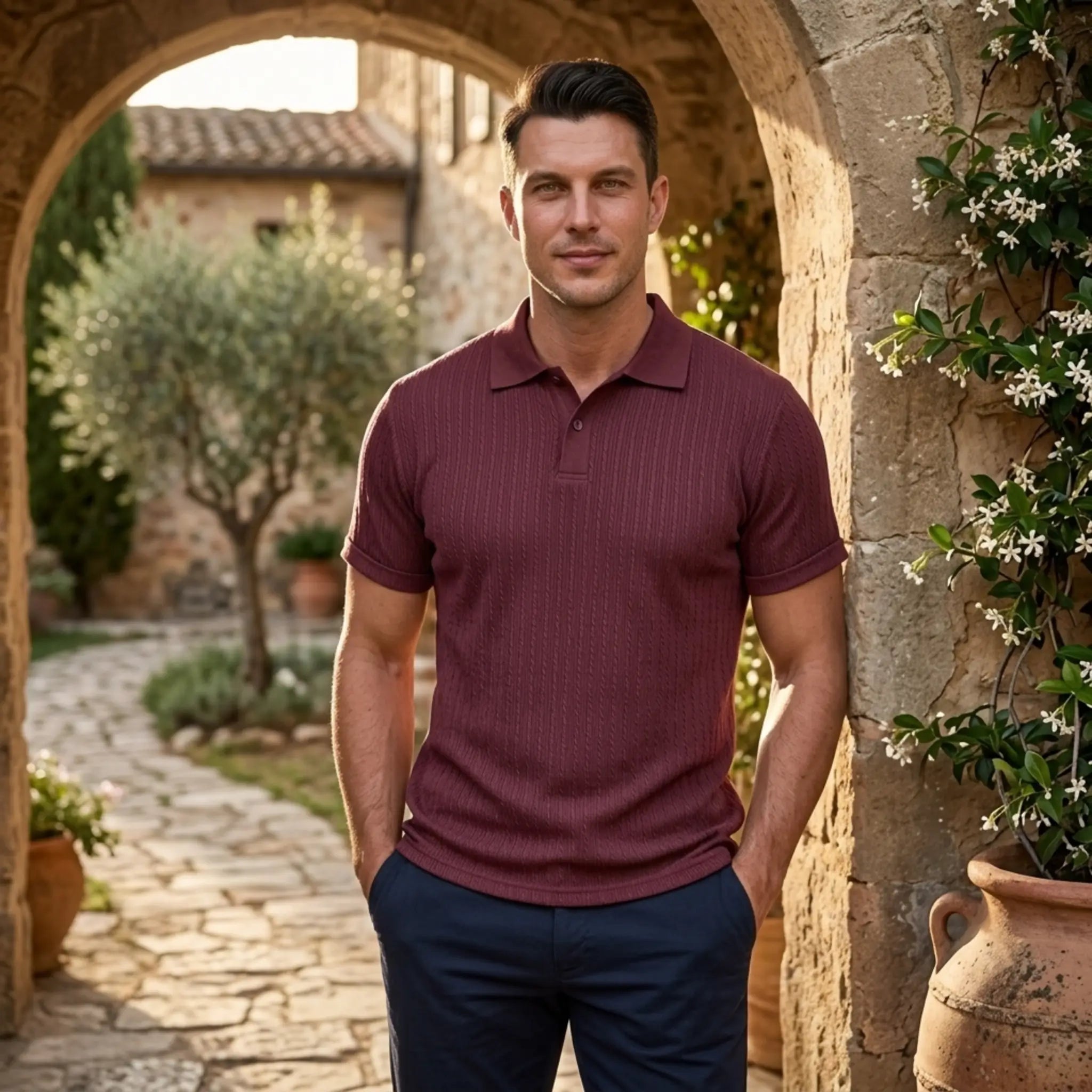 Man wearing MannerCo military green jacquard knit polo shirt in outdoor lifestyle setting