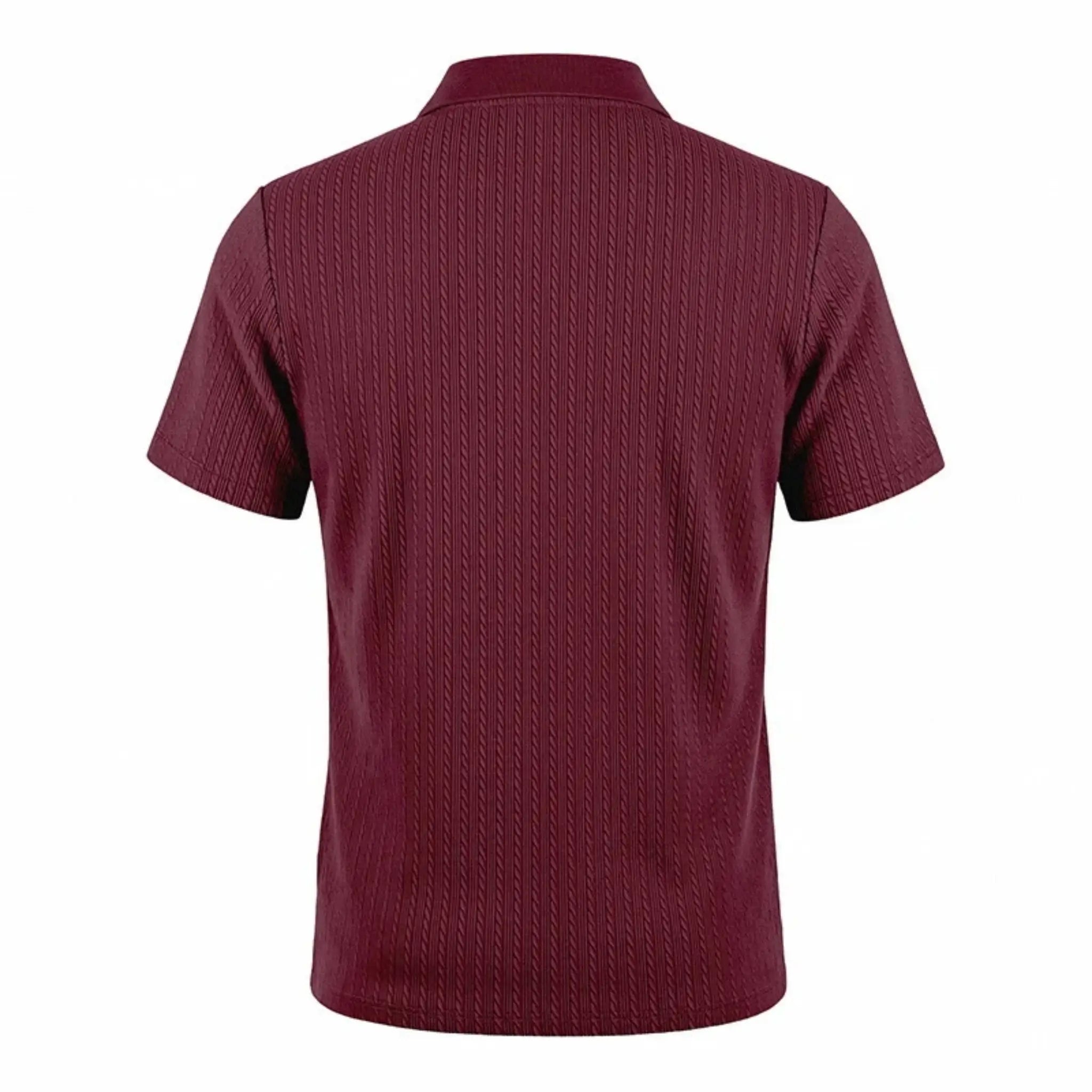 Man wearing MannerCo military green jacquard knit polo shirt in outdoor lifestyle setting