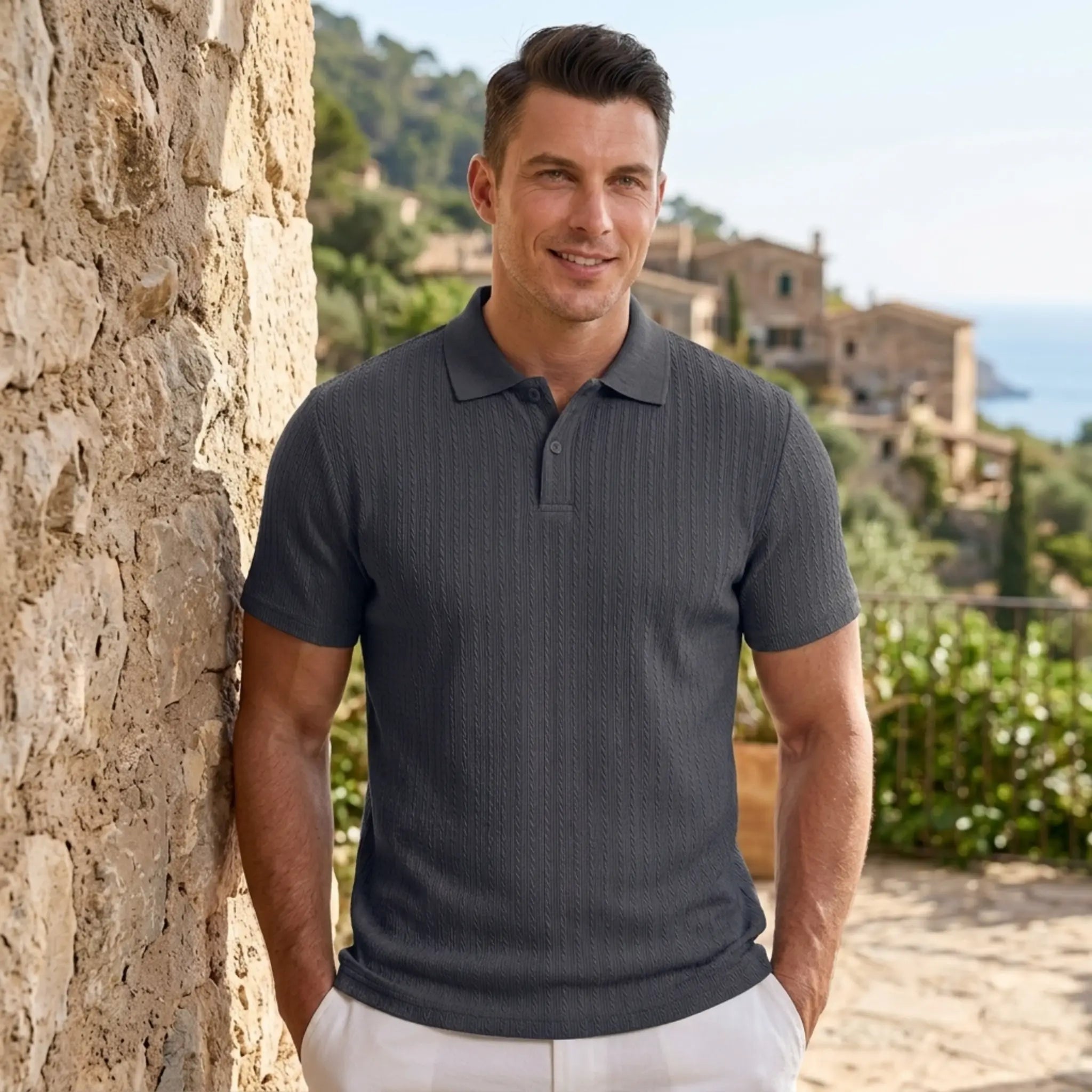 Man wearing MannerCo navy blue jacquard knit polo shirt in outdoor lifestyle setting