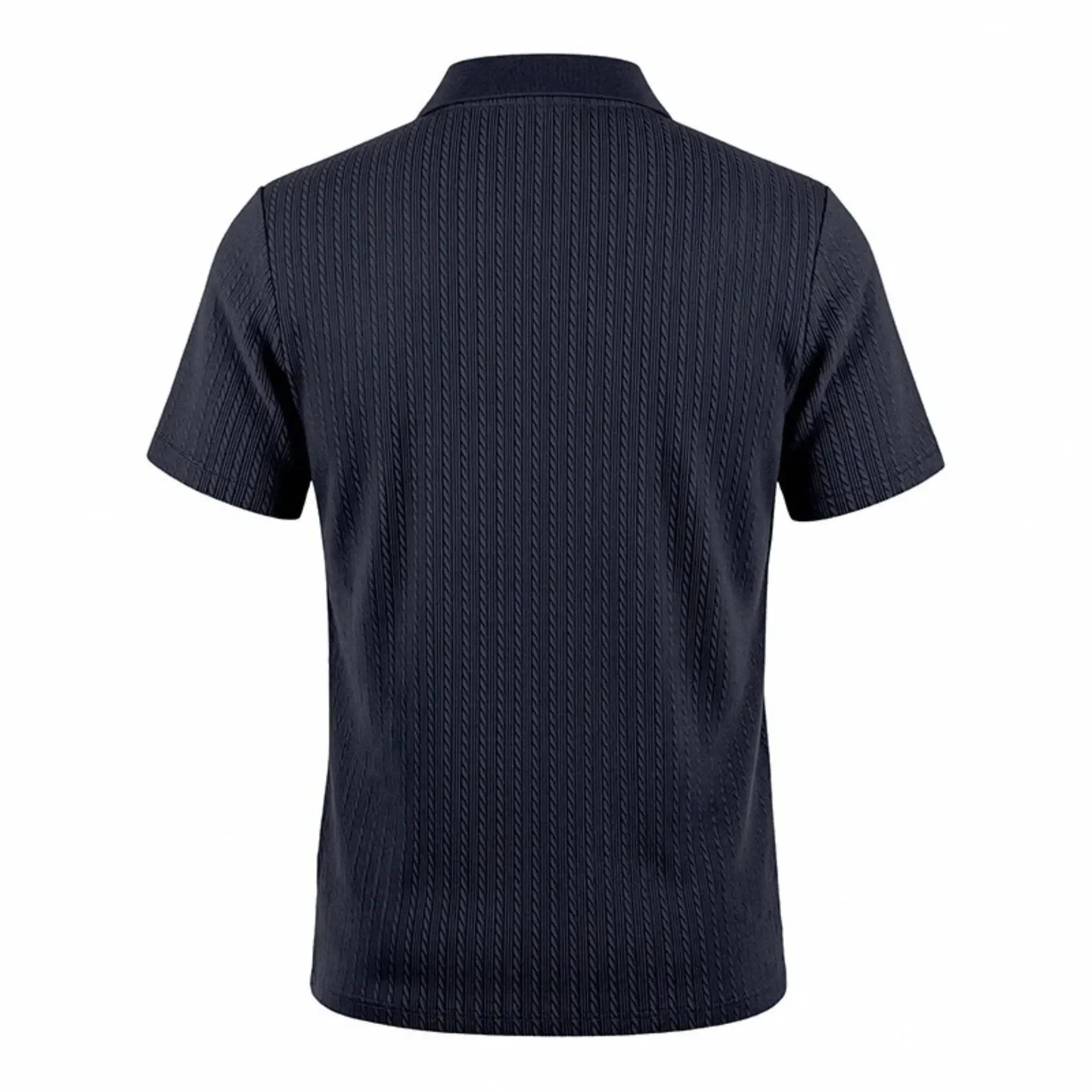 MannerCo navy blue jacquard knit polo shirt with subtle texture pattern, front view product display
