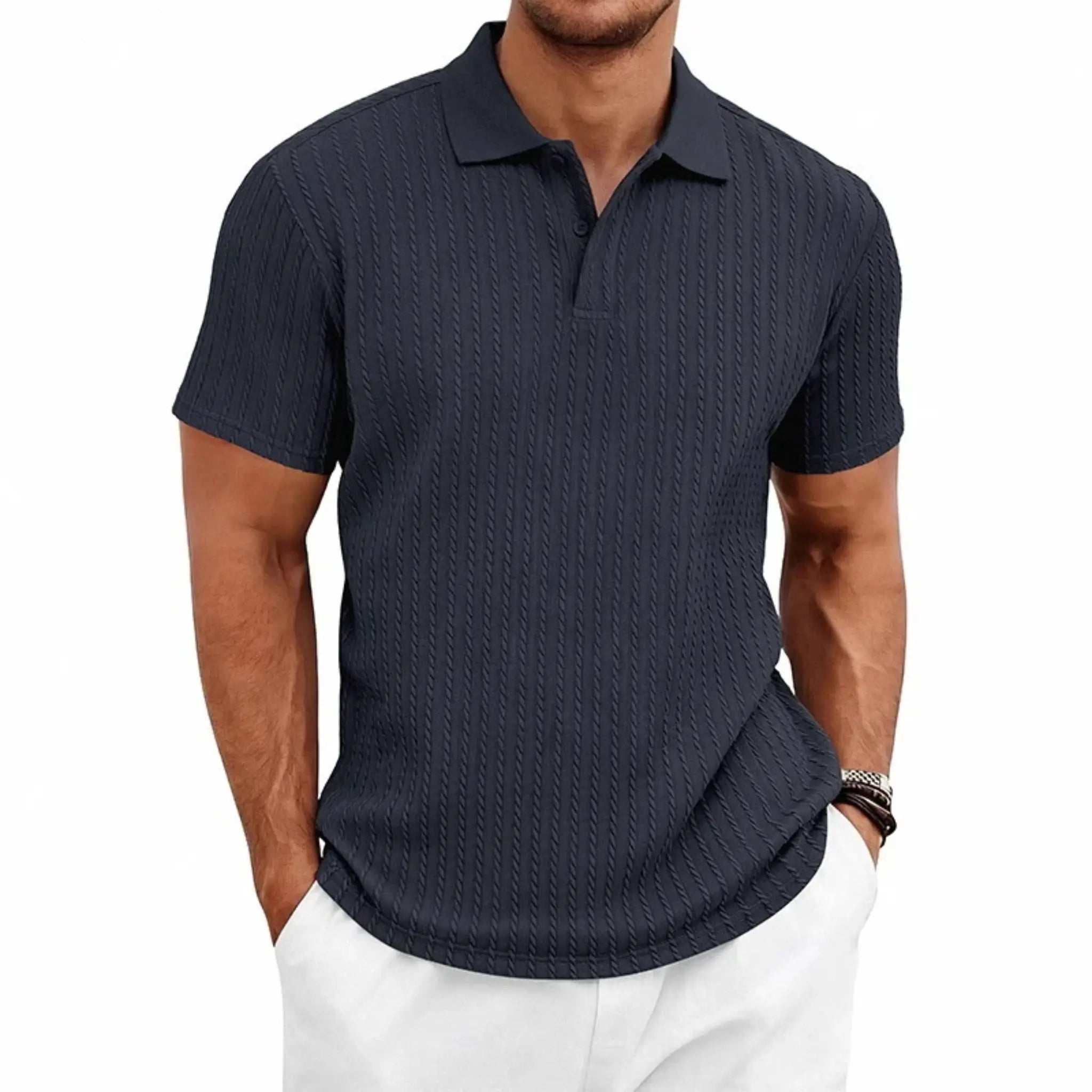 MannerCo navy blue jacquard knit polo shirt with classic collar and button placket, front view display