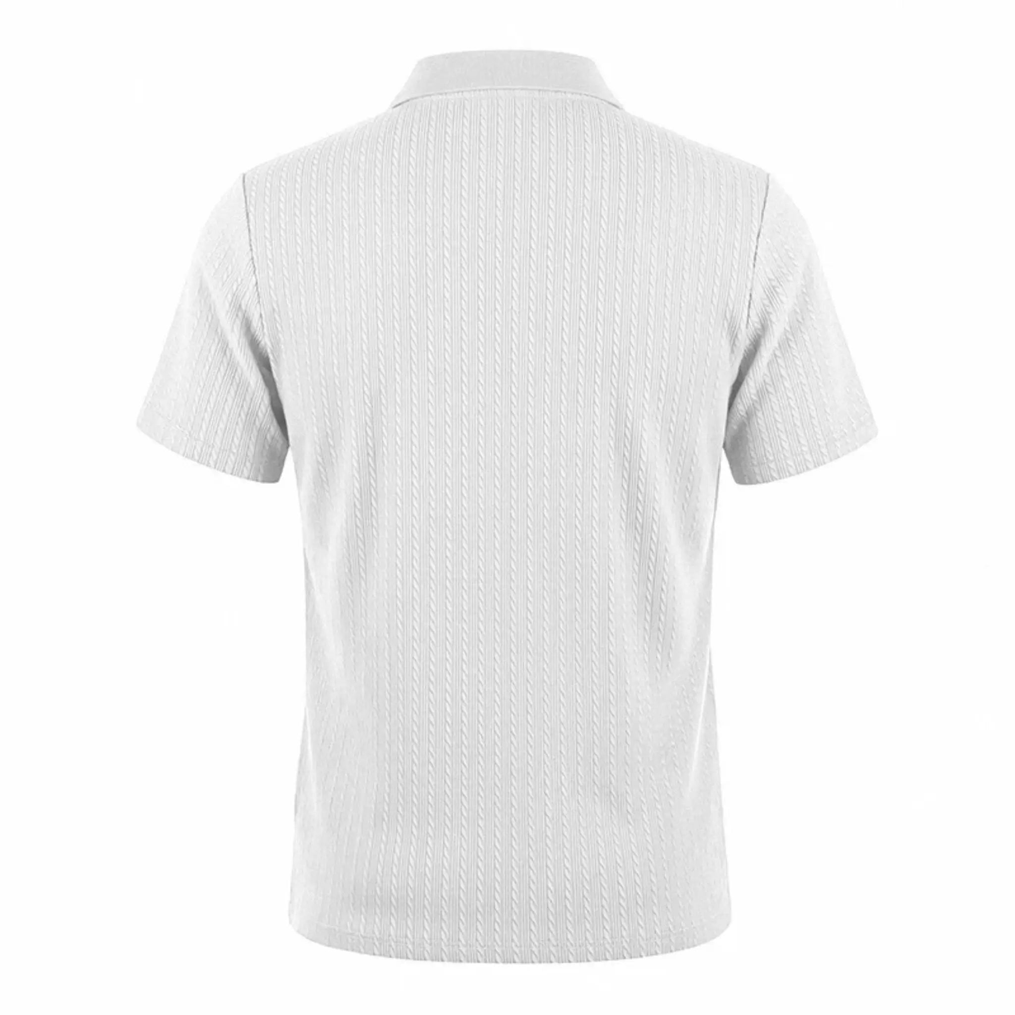 MannerCo white jacquard knit polo shirt with classic collar and button placket, back view