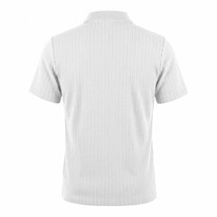 MannerCo white jacquard knit polo shirt with classic collar and button placket, back view