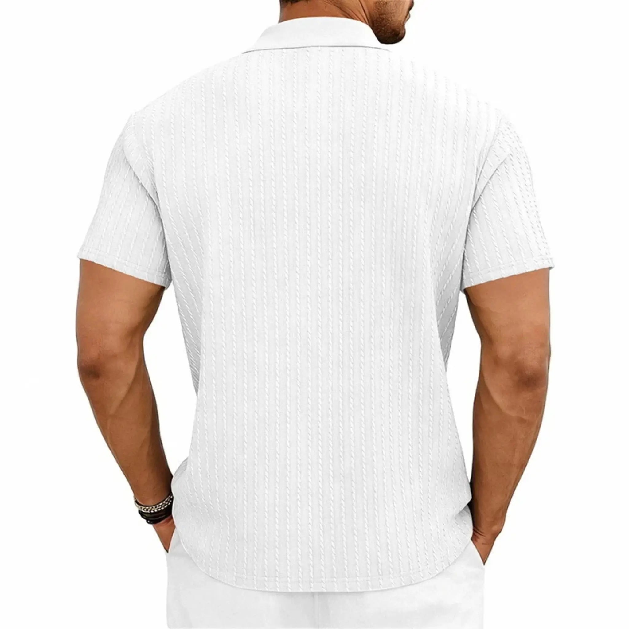 MannerCo white jacquard knit polo shirt with subtle texture and button placket, product display