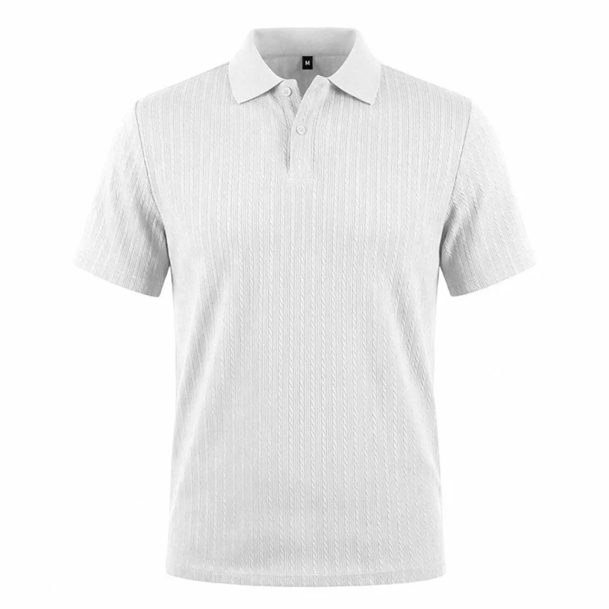 MannerCo white jacquard knit polo shirt with button placket and classic collar, product display