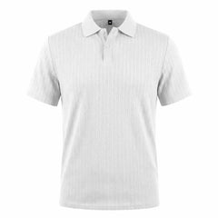 MannerCo white jacquard knit polo shirt with button placket and classic collar, product display
