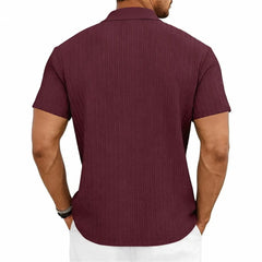 MannerCo wine red jacquard knit polo shirt with classic collar and button placket, back view display