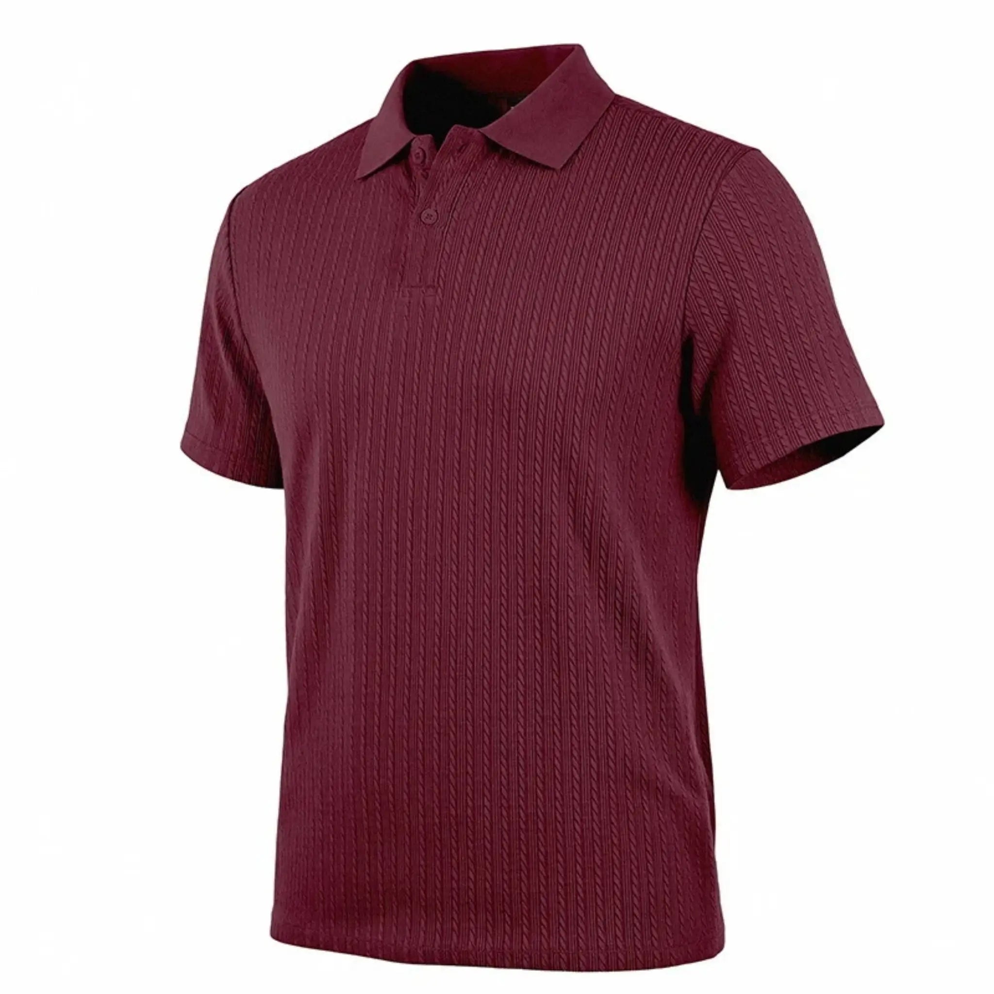 MannerCo wine red jacquard knit polo shirt back view with button placket and classic collar