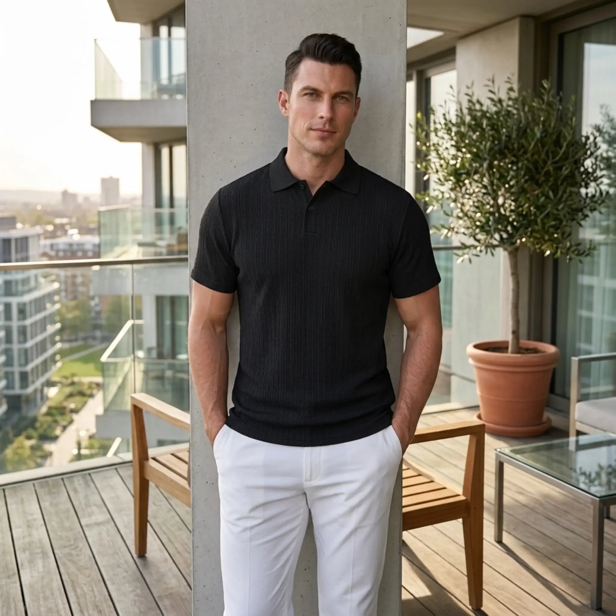 Man wearing MannerCo wine red jacquard knit polo shirt in outdoor lifestyle setting