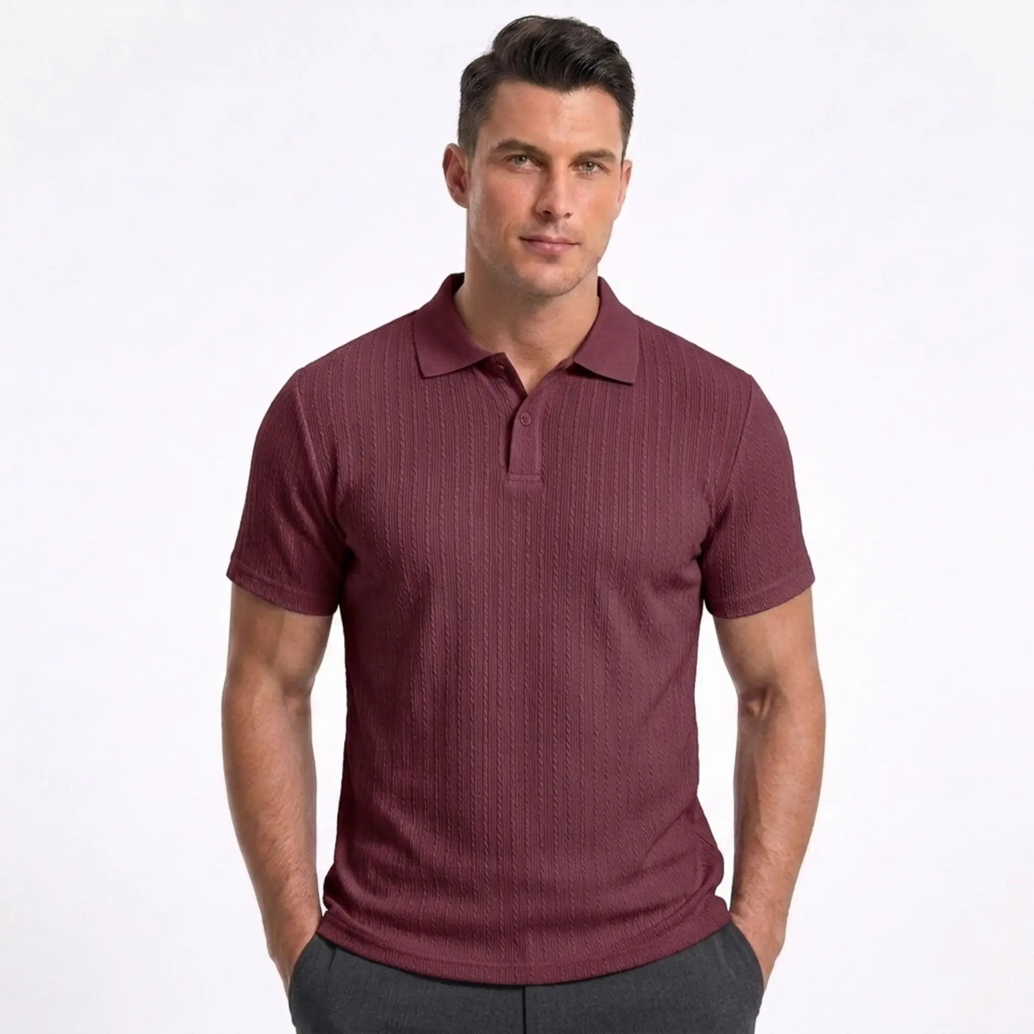 Man wearing MannerCo wine red jacquard knit polo shirt in outdoor lifestyle setting