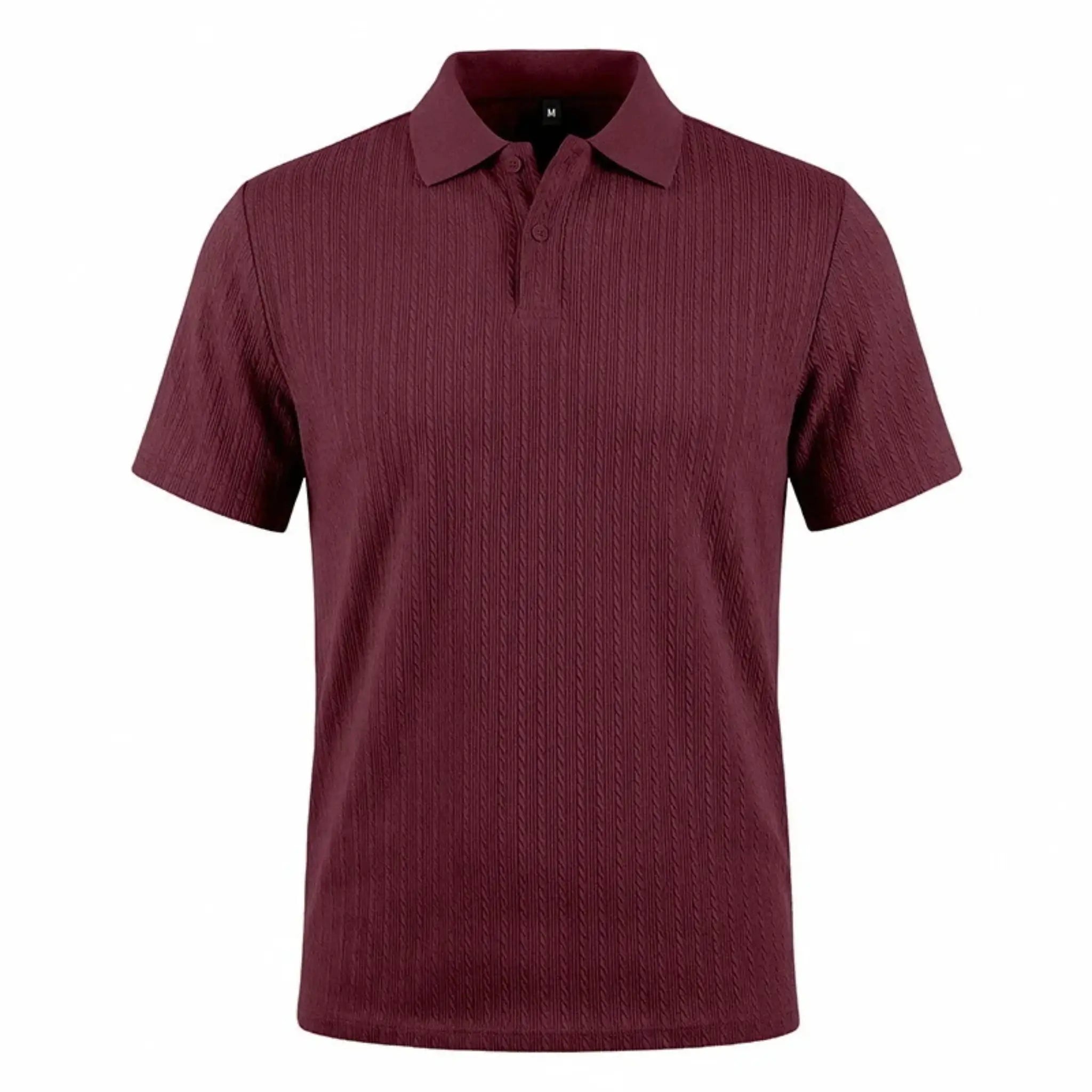 MannerCo wine red jacquard knit polo shirt with classic collar and button placket, product display