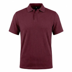 MannerCo wine red jacquard knit polo shirt with classic collar and button placket, product display