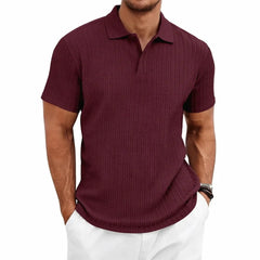 MannerCo wine red jacquard knit polo shirt with subtle texture and classic collar, front view display