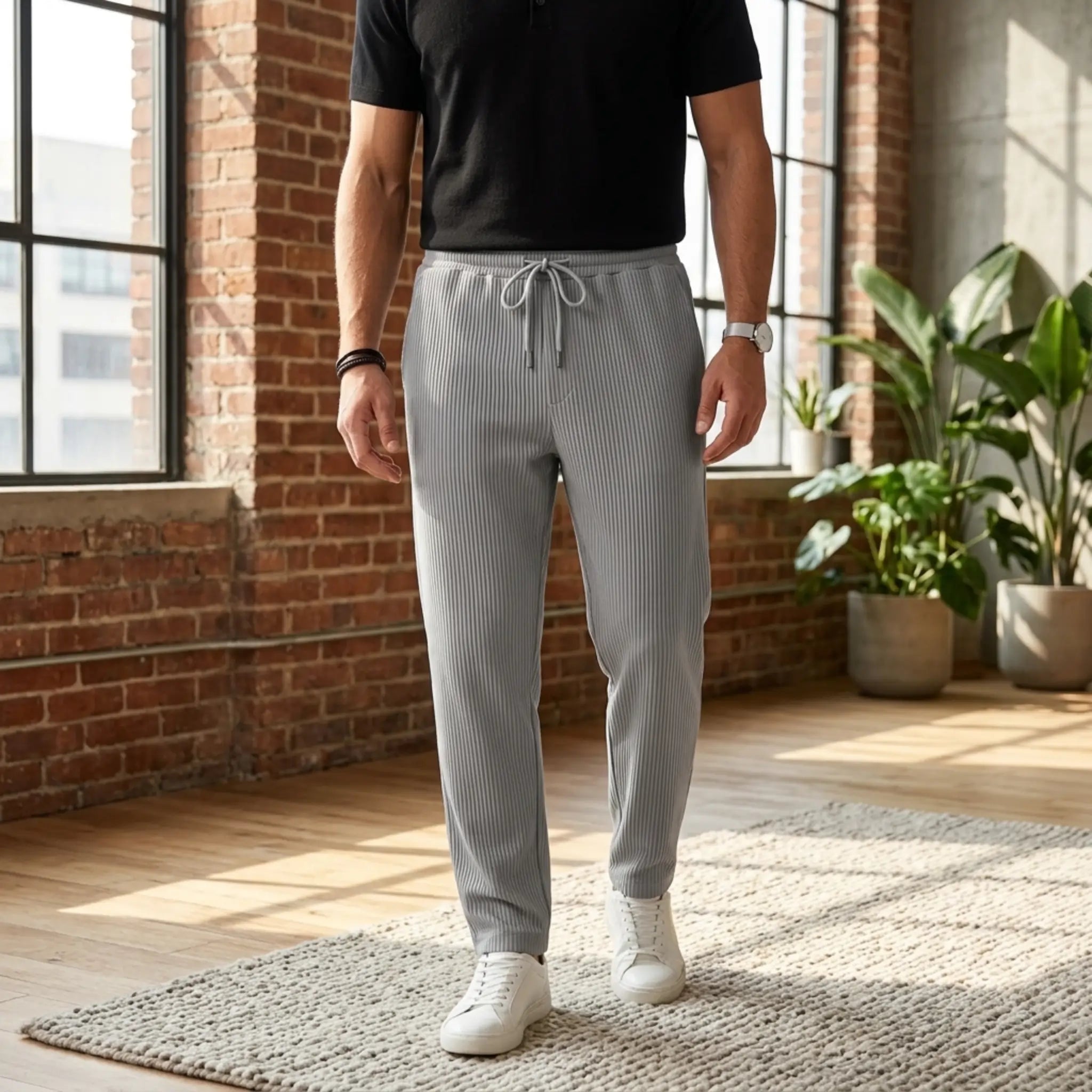 Man wearing MannerCo black jacquard ribbed drawstring trousers, three quarter view on plain background